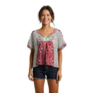 Noracora Boho Patchwork Floral Print Blouse - Size Small